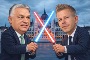 A parlament, Magyar Péter és Orbán Viktor képe a Wikimedia Commonsról - Dall-e által megszerkesztve