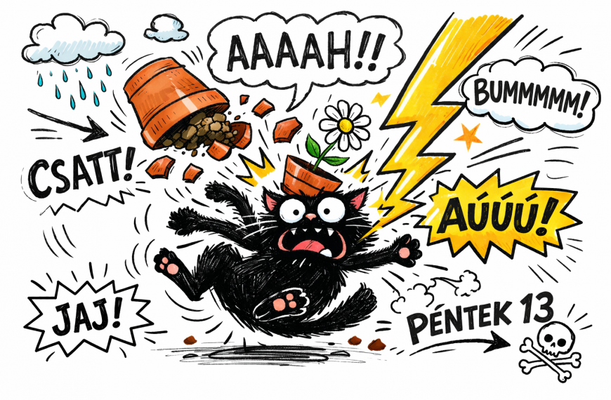Vidám rajz péntek 13-ról: ijedt fekete macska, villámcsapás, leeső virágcserép és képregényszerű feliratok gyerekeknek.