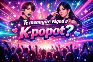 K-pop stílusú kvízborító neon színekkel és a Te mennyire vágod a K-popot felirattal