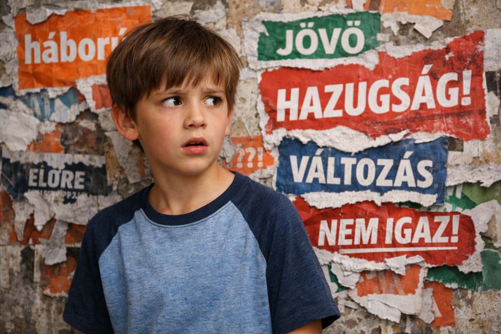 Döbbent gyerek kampányplakátokkal teli fal előtt, a választási zaj és az egymásnak ellentmondó üzenetek közepén
