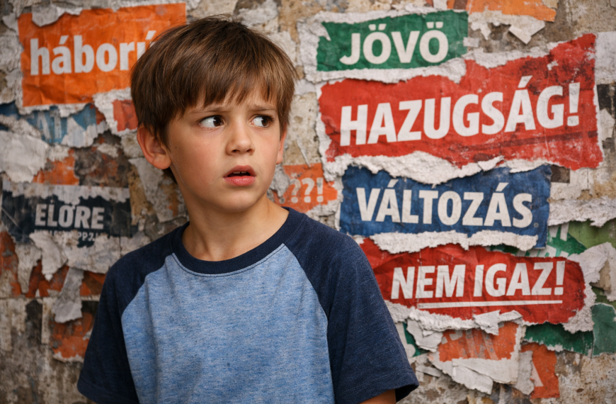 Döbbent gyerek kampányplakátokkal teli fal előtt, a választási zaj és az egymásnak ellentmondó üzenetek közepén