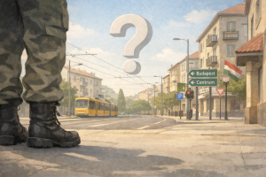 Rajzos illusztráció egy magyar városi utcáról katonai bakancsokkal és kérdőjellel, gyerekeknek szóló cikkhez