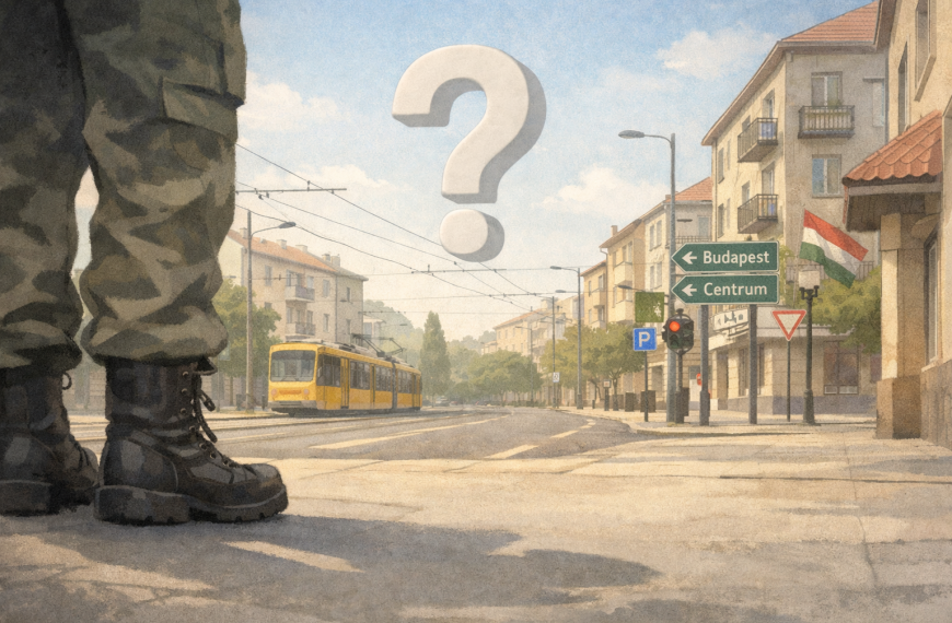 Rajzos illusztráció egy magyar városi utcáról katonai bakancsokkal és kérdőjellel, gyerekeknek szóló cikkhez