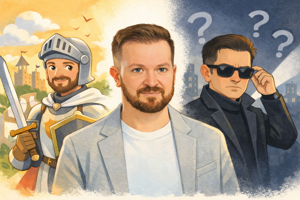 Illusztráció Szabó Bencéről: középen a rendőrszázados portréja, egyik oldalon lovagként, a másikon titokzatos ügynökként látható.