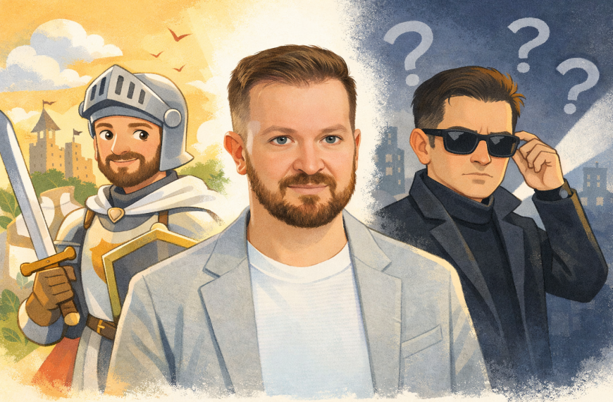 Illusztráció Szabó Bencéről: középen a rendőrszázados portréja, egyik oldalon lovagként, a másikon titokzatos ügynökként látható.