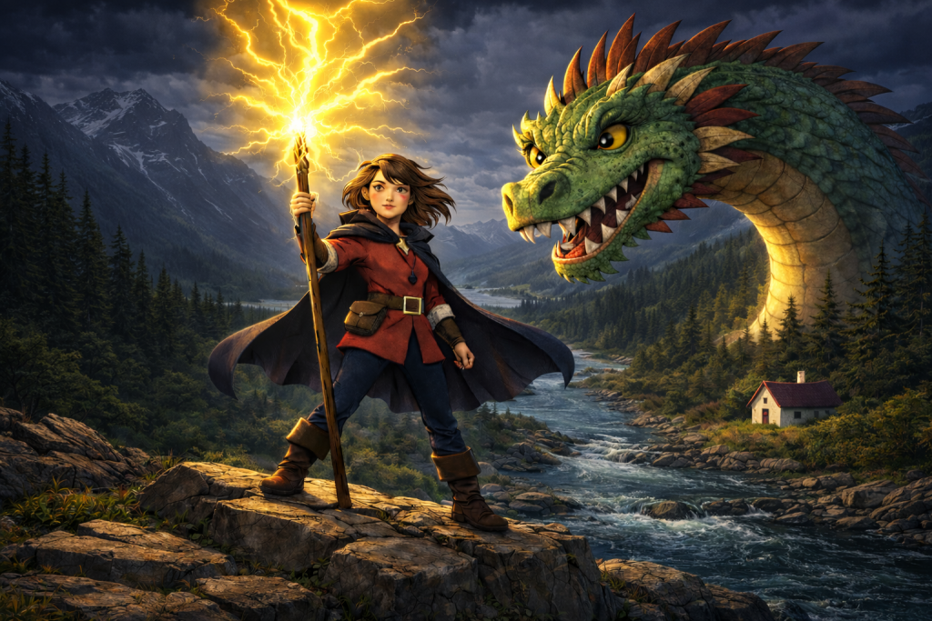 Egy bátor lány és egy sárkány fantasy tájban, a Garabonciások könyvajánló illusztrációján