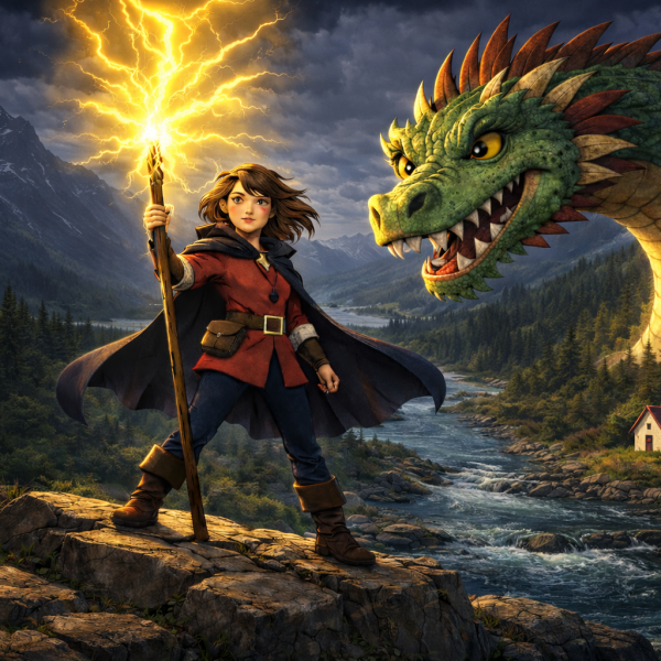 Egy bátor lány és egy sárkány fantasy tájban, a Garabonciások könyvajánló illusztrációján