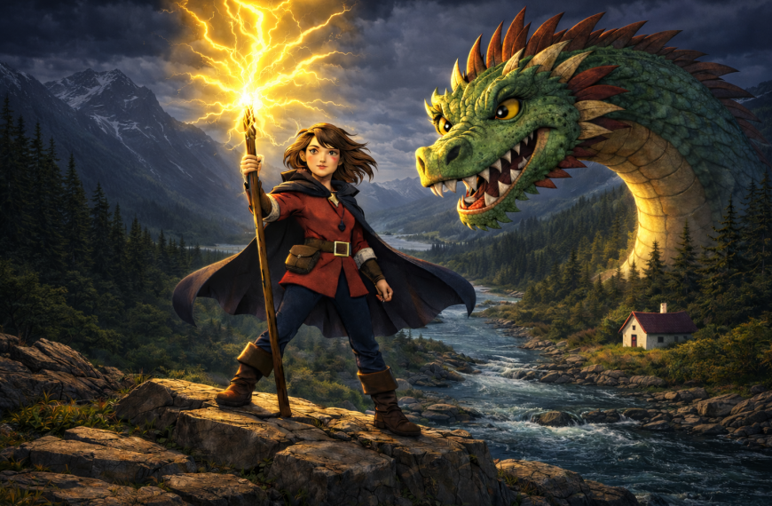 Egy bátor lány és egy sárkány fantasy tájban, a Garabonciások könyvajánló illusztrációján