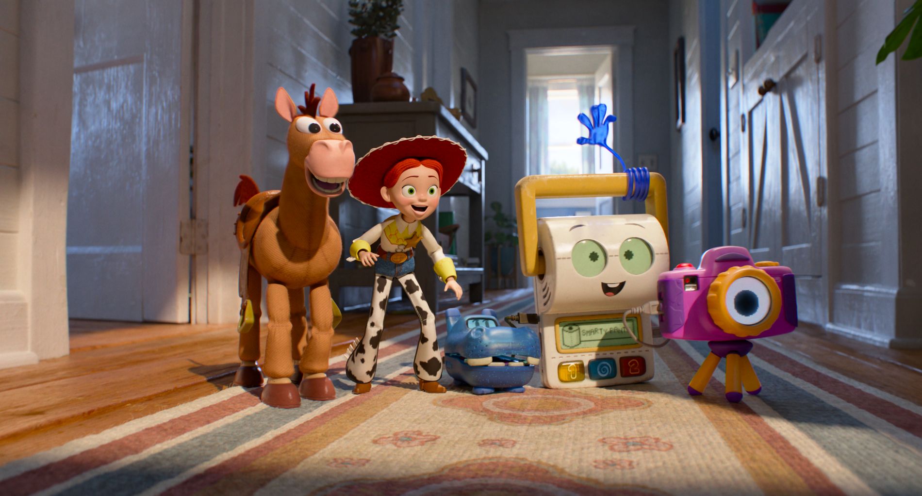 Jessie, Bullseye és új játékfigurák a Toy Story 5 egyik jelenetében